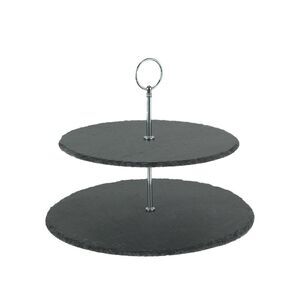 Two Tier Round Slate Stone and Chromed Metal Country Farmhouse Serving Tray